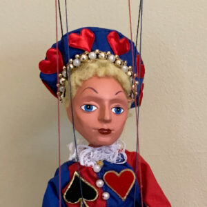 Queen of Hearts Prince marionette dressed in blue and red heart suit